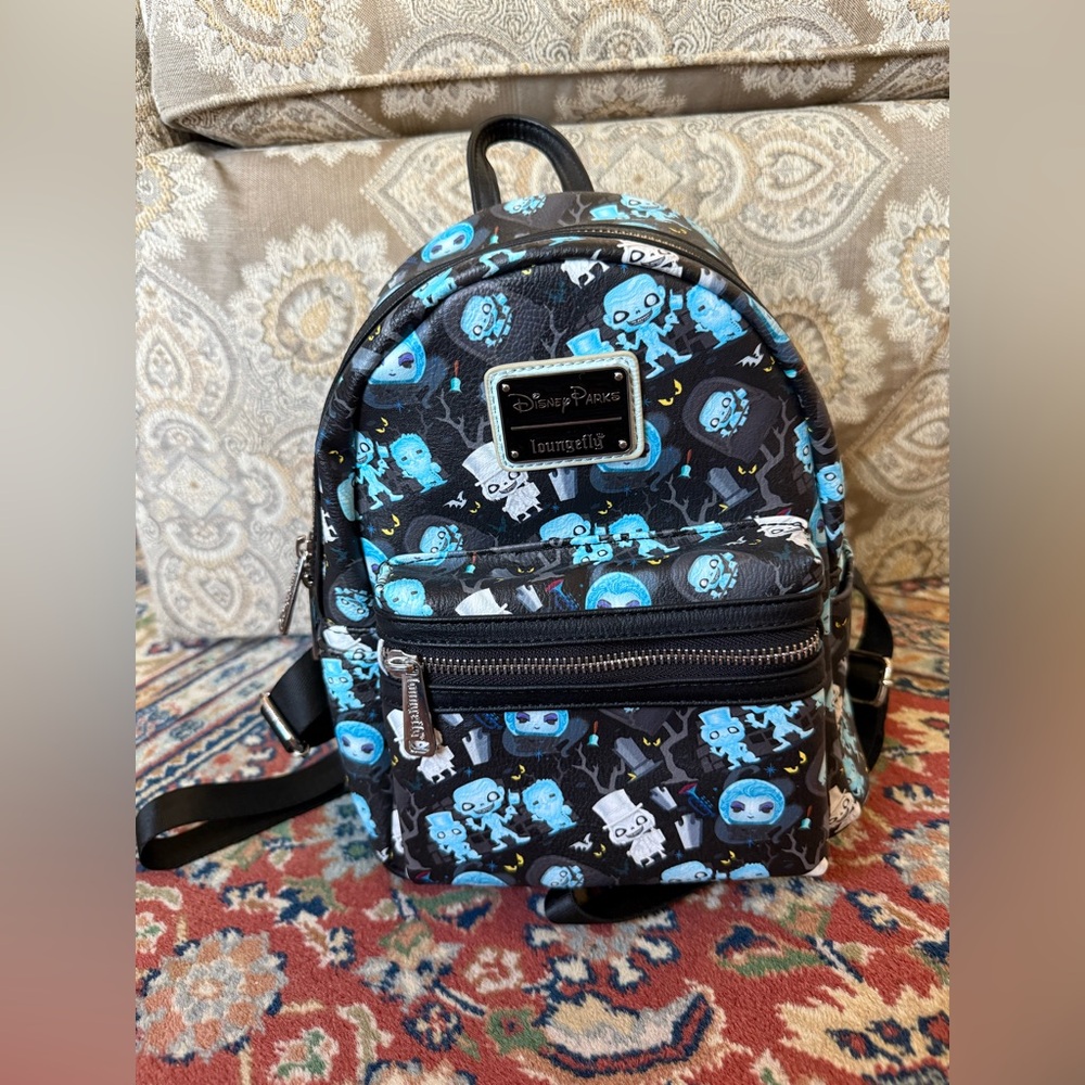 Loungefly Disney Haunted Mansion Backpack with Blue and Black Hitchhiking Ghosts
